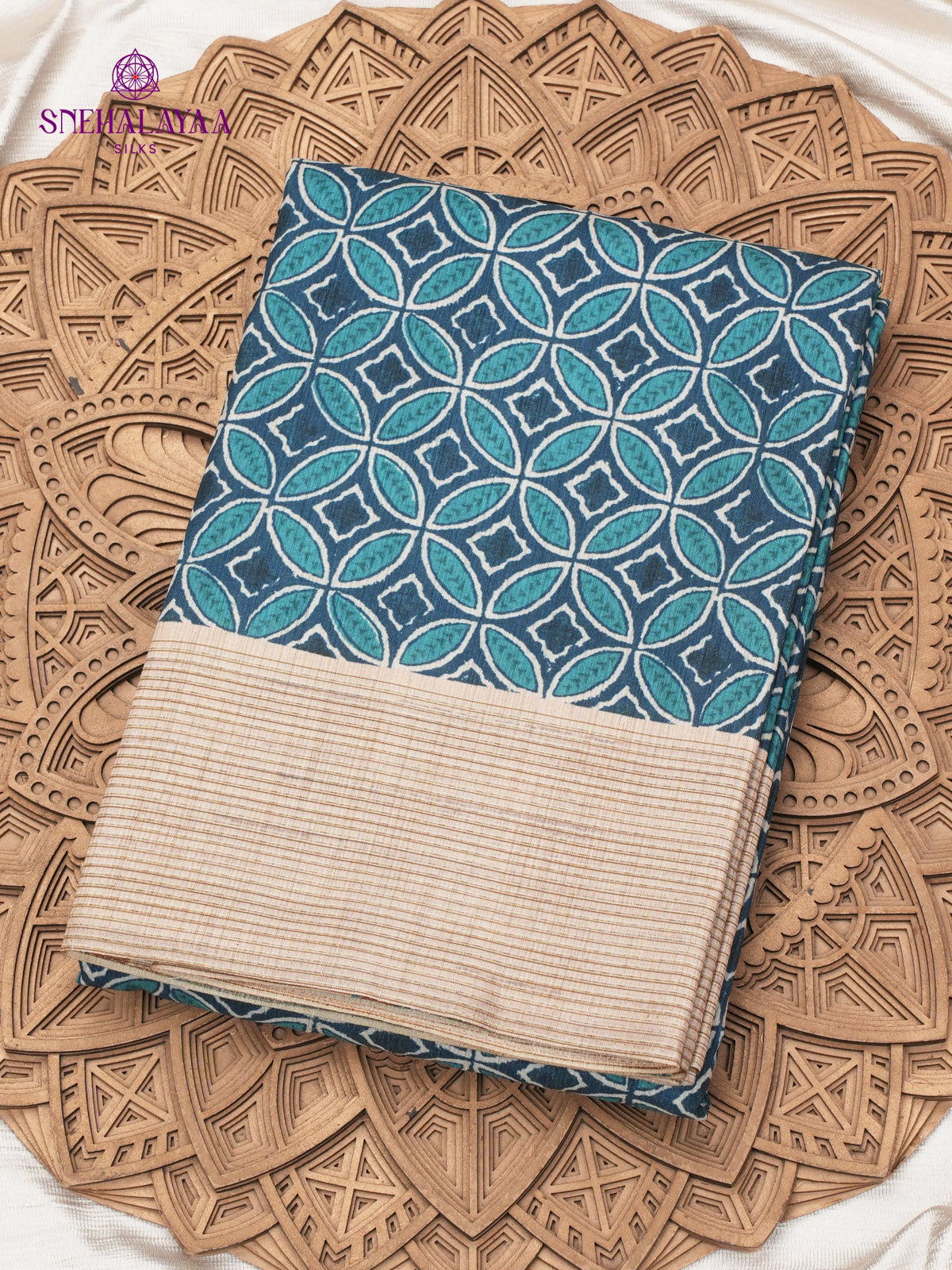 Peacock Blue Printed Tussar Saree