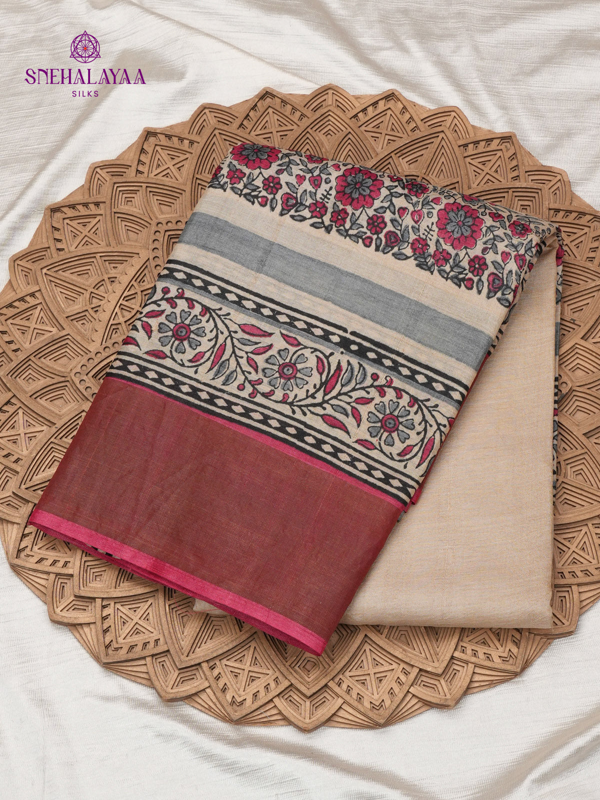 Beige Tussar Silk Saree