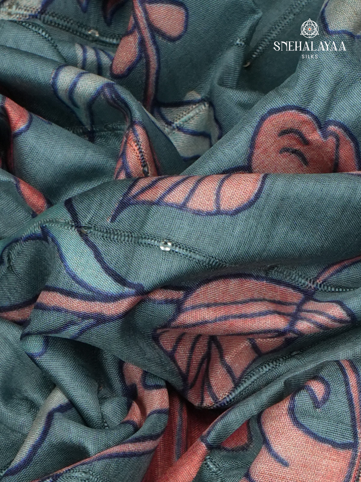 Teal Blue Floral Printed Tussar Saree