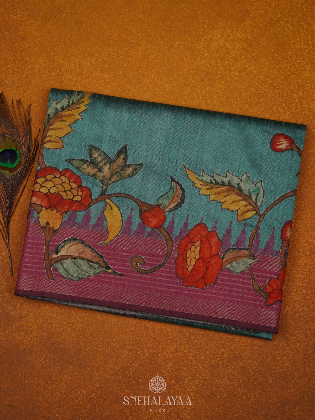 Peacock Blue Munga Tussar Embroidery Saree