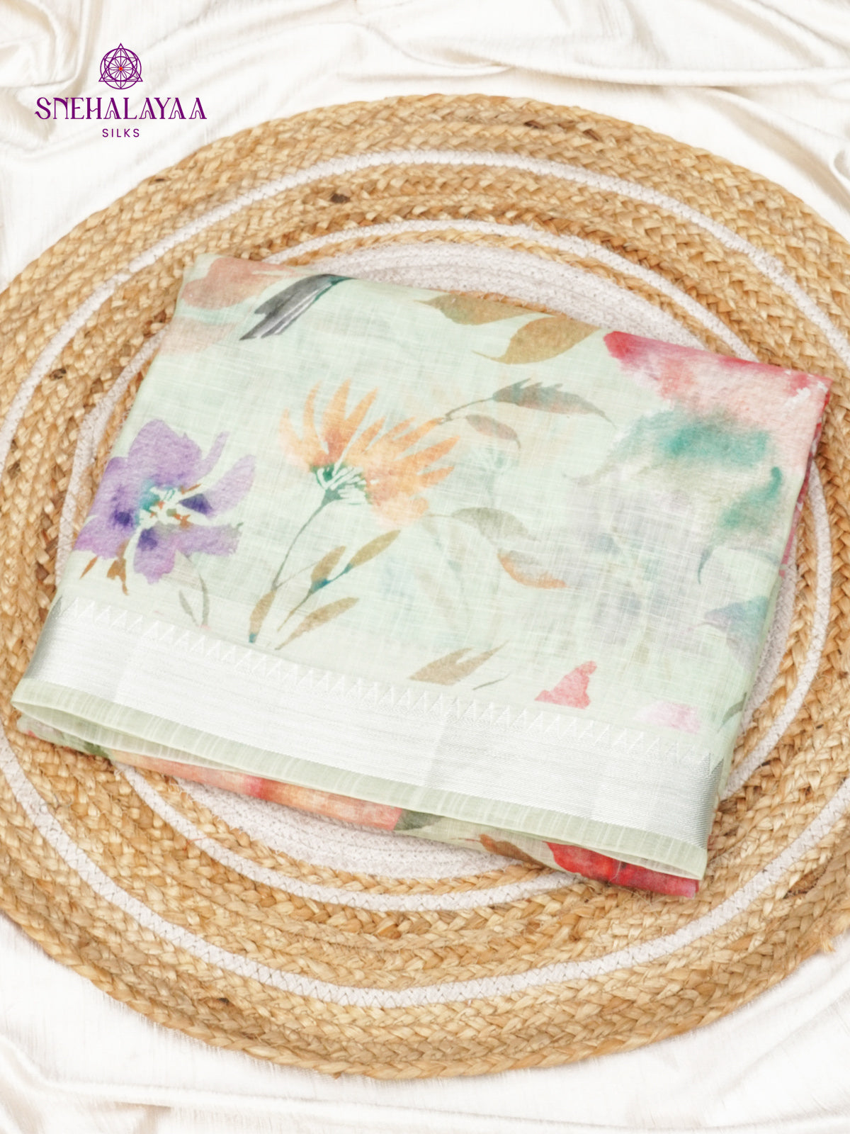 Off White Printed Linen Saree