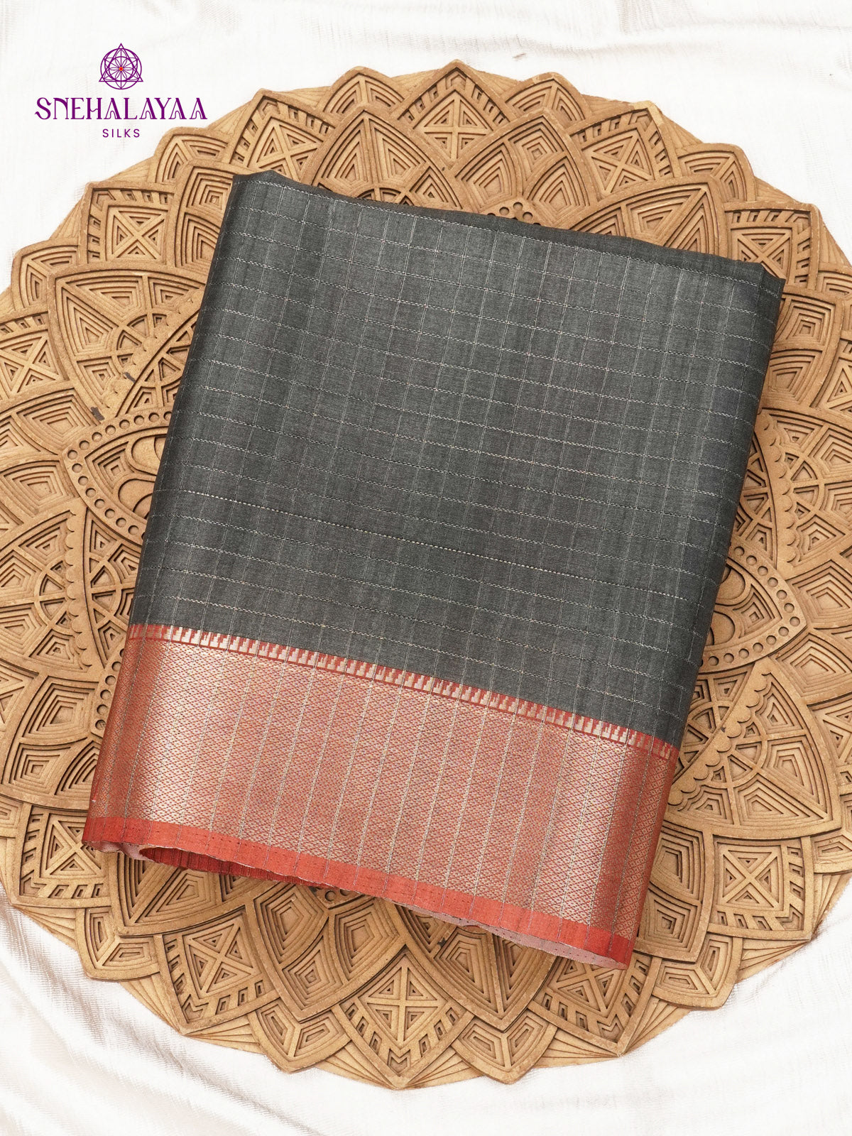 Grey With Black Border Floral Printed Tussar Saree