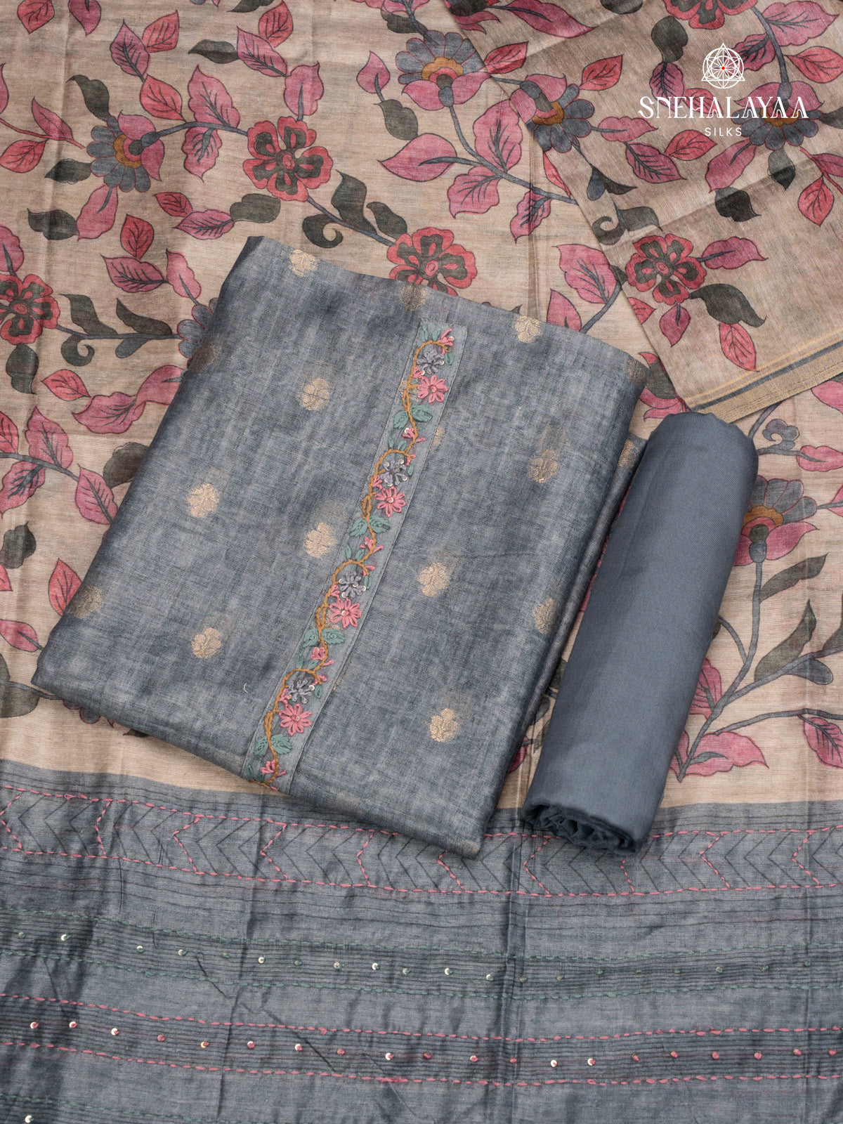 Grey Chanderi Cotton 3-Piece Salwar Suit Material