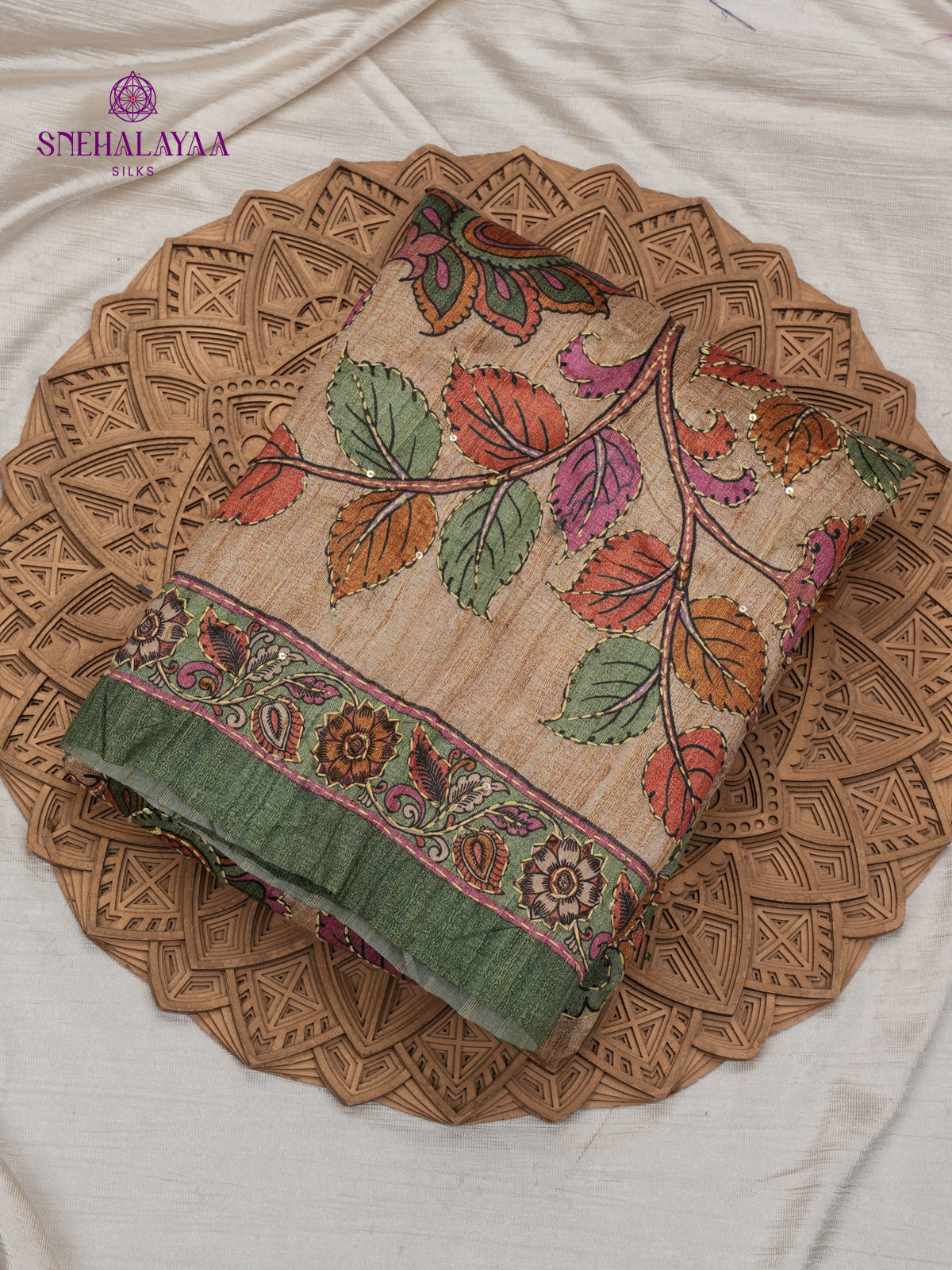 Beige Tussar Embroidery Saree