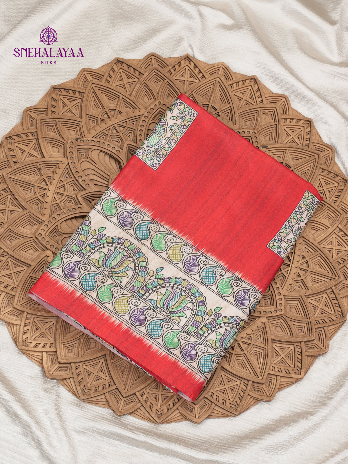 Red Madhubani Printed Saree