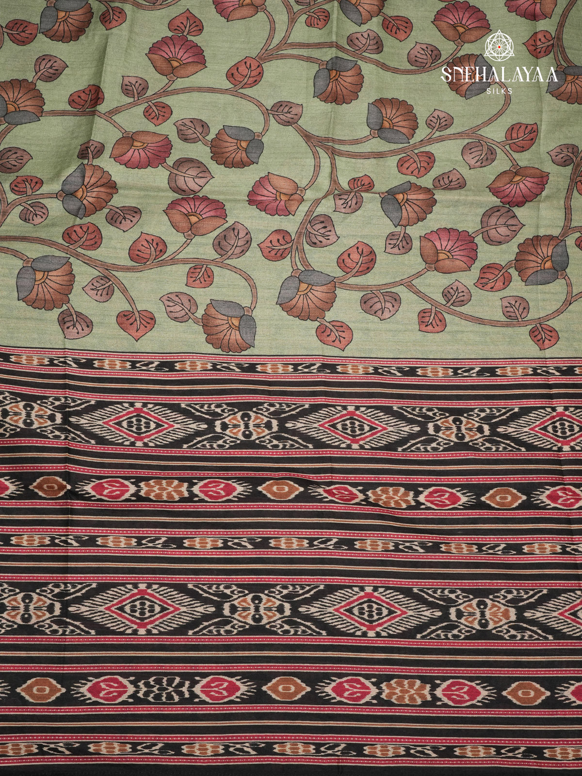 Olive Green Floral Printed Tussar Saree