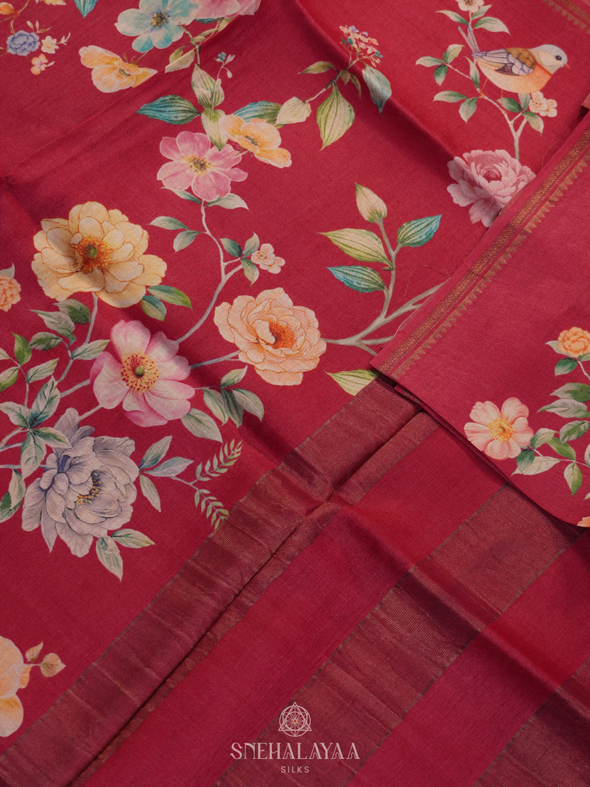 Cherry Red Tussar Saree