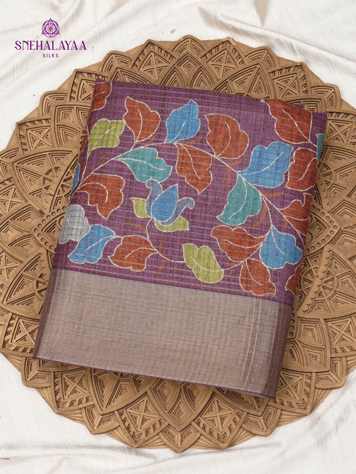 Purple Floral Printed Tussar Saree