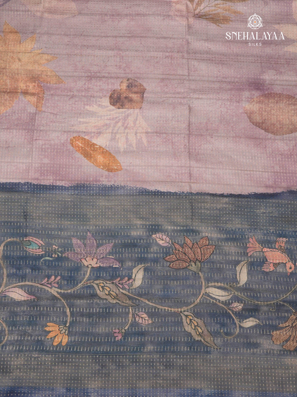 Purple Floral Printed Tussar Saree