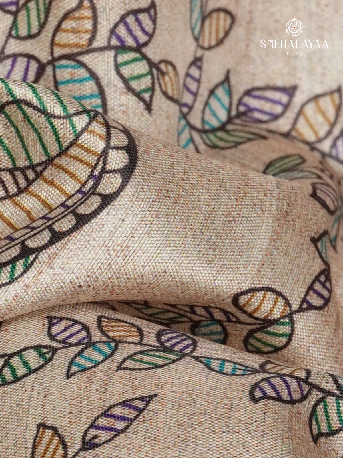 Beige With Blue Border Madhubani Saree