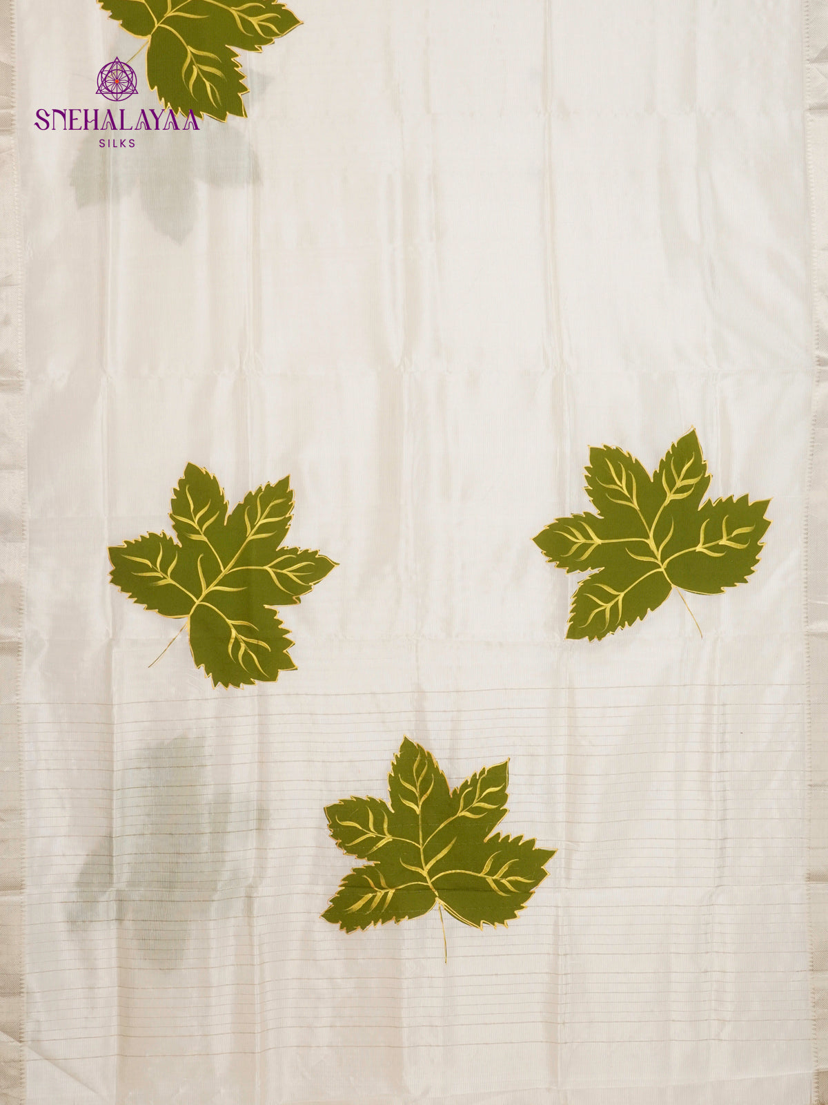 Off White Mangalagiri Silk Cotton Saree with Hand Painted Olive Green Leaf Motifs
