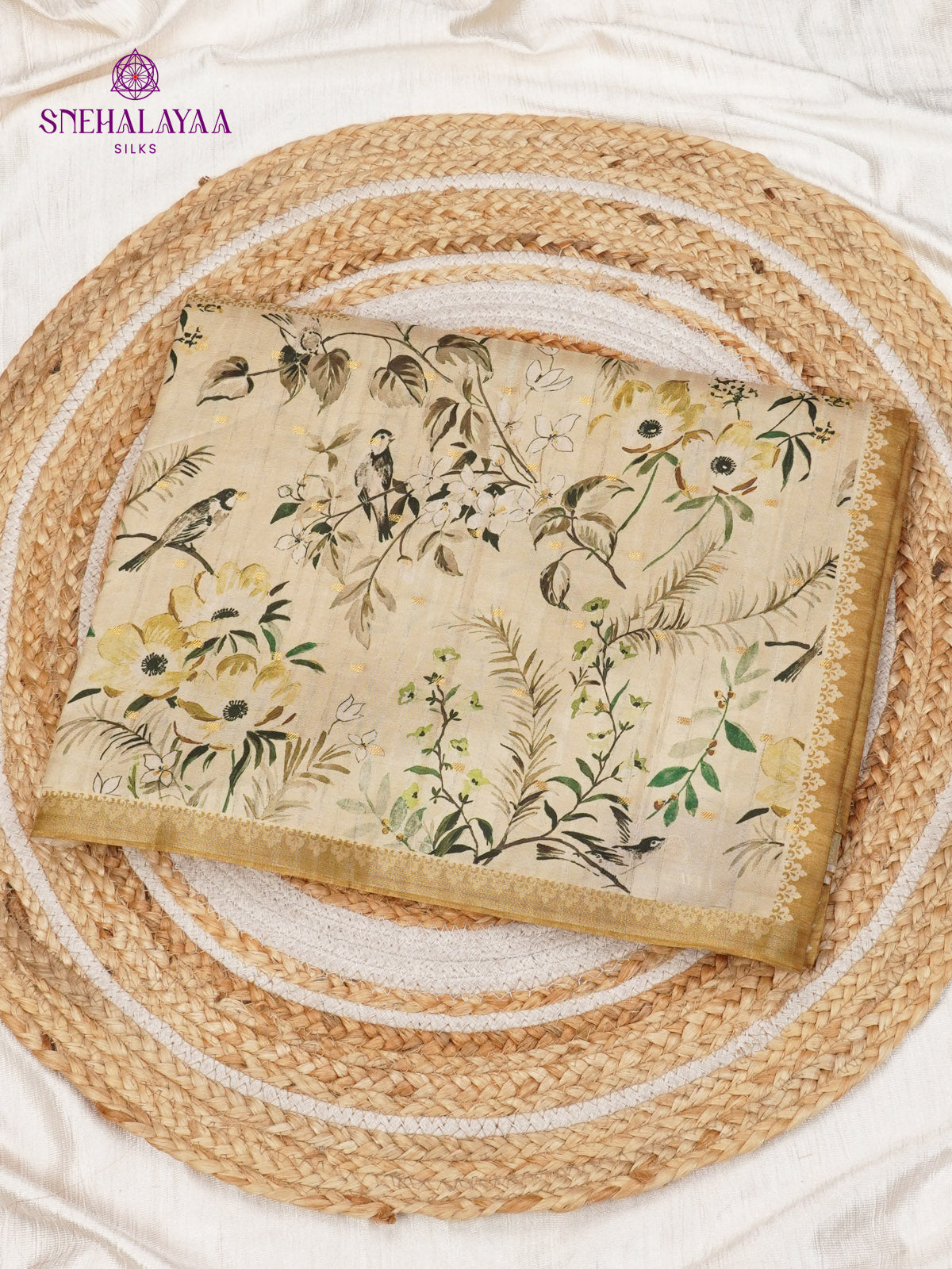 Mustard Floral Printed Tussar Saree