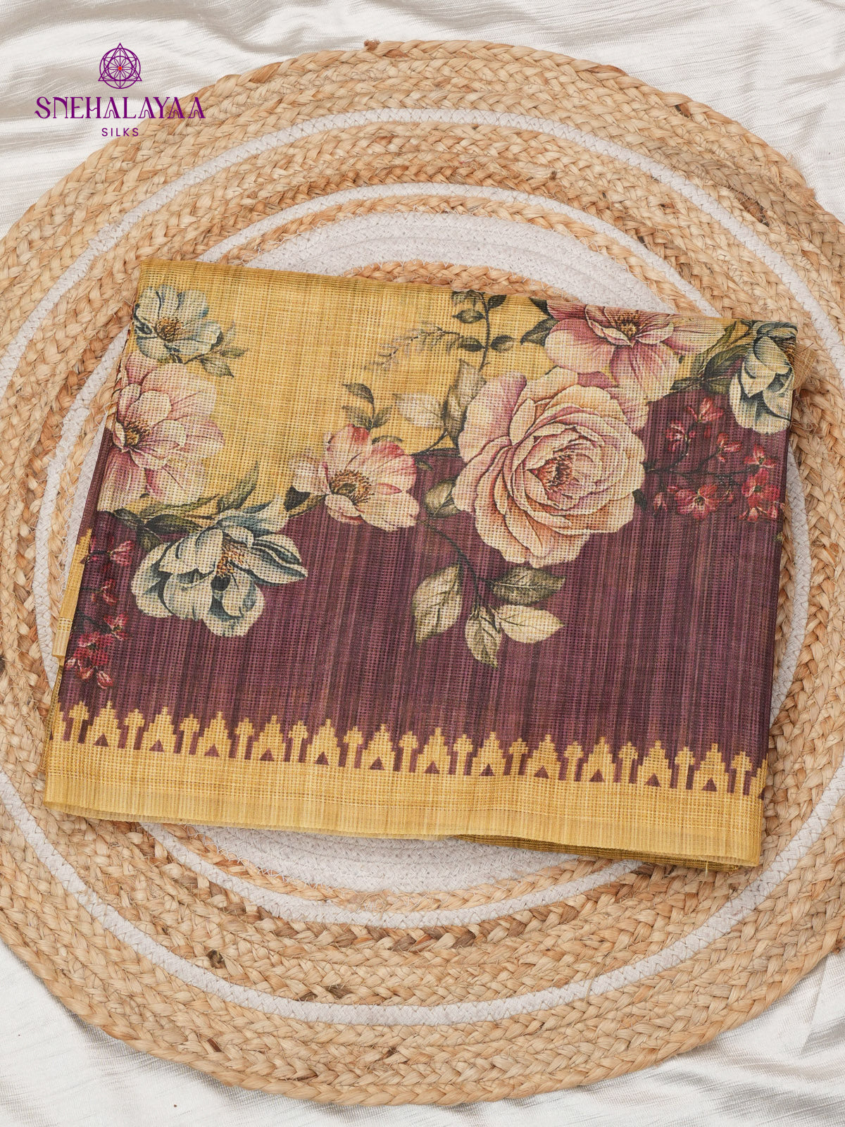 Mustard With Wine Red border Printed Kota Saree