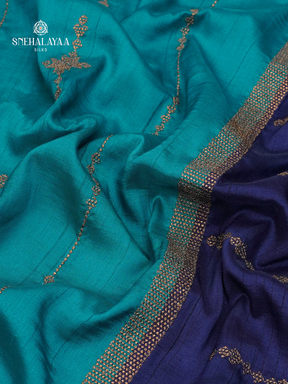 Teal Blue Soft Tussar Embroidery Saree