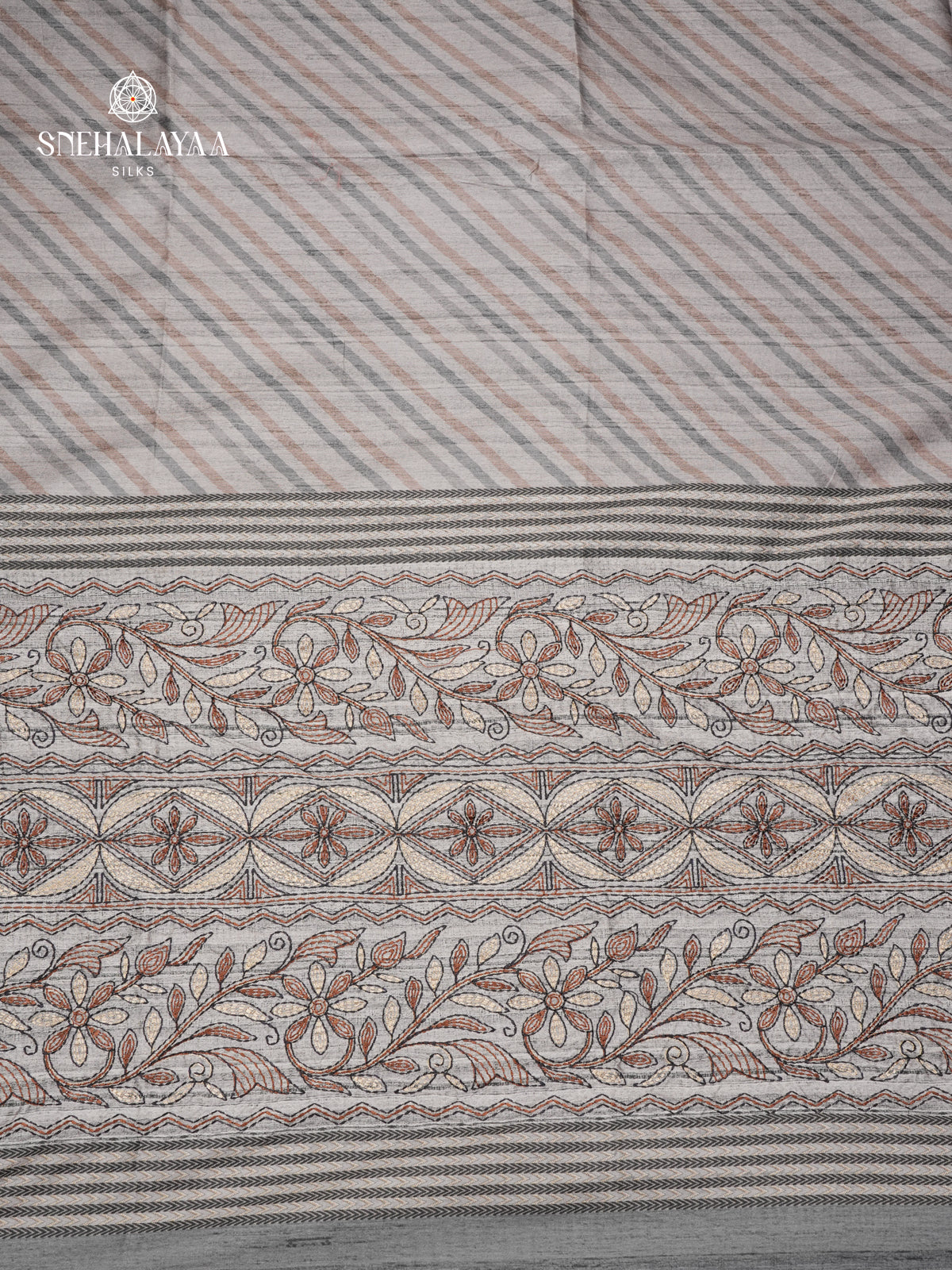 Grey Tussar Embroidery Saree