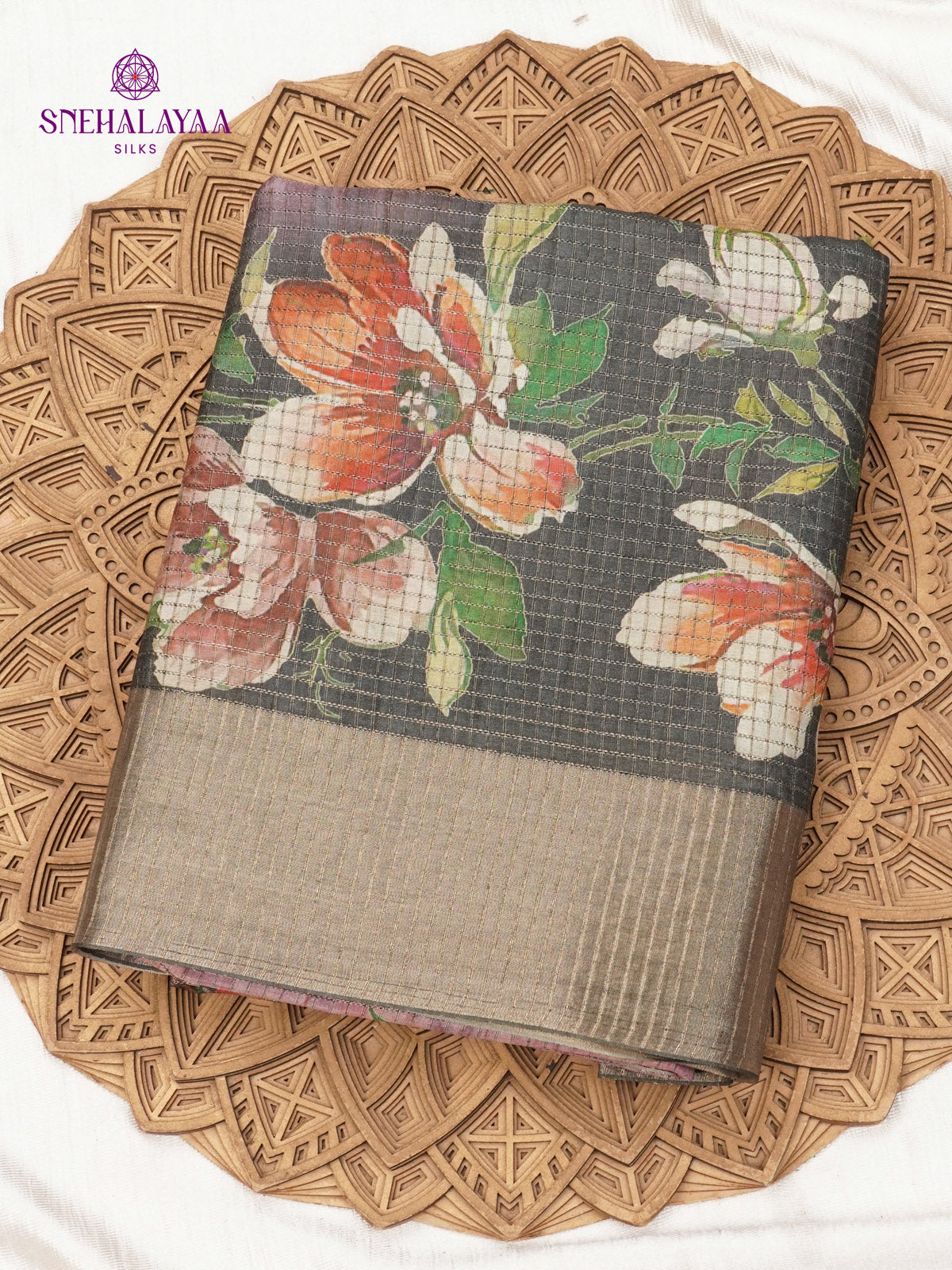 Magenta With Black Border Floral Printed Tussar Saree