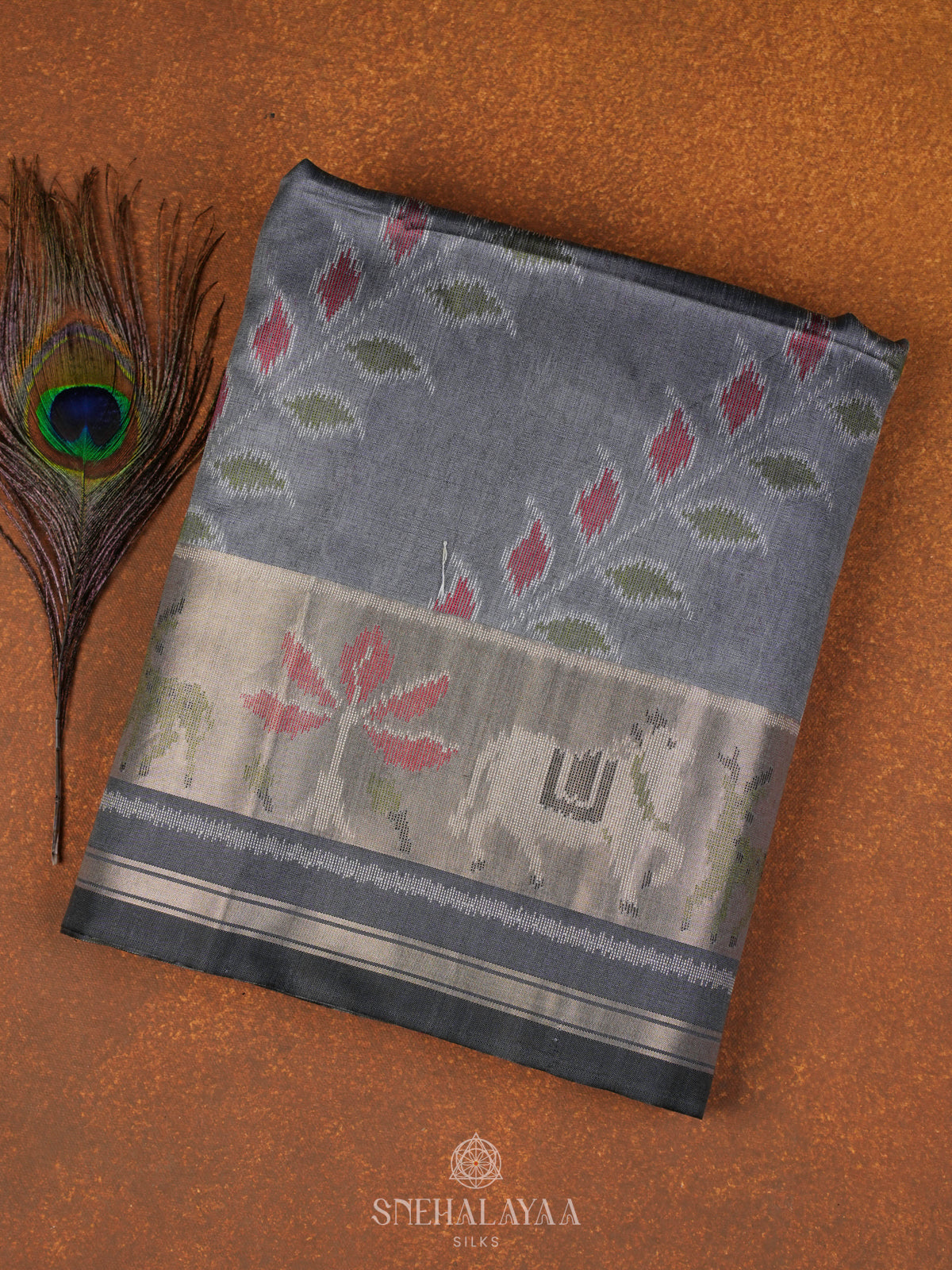 Grey Floral Printed Tussar Saree