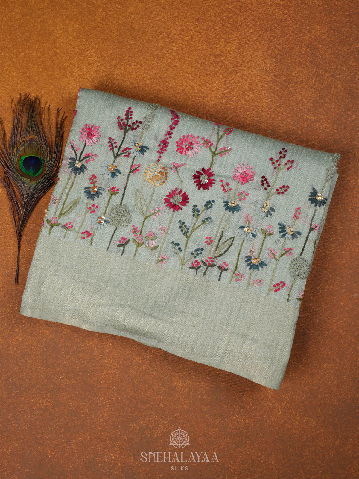 Teal Linen Embroidery Saree