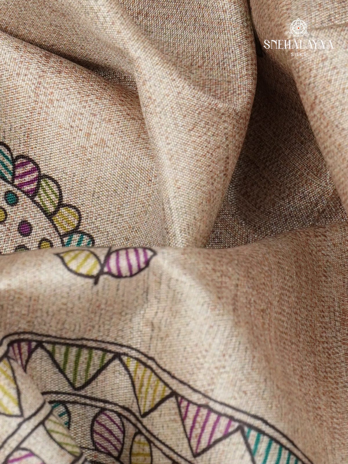 Beige With Orange Border Madhubani Saree