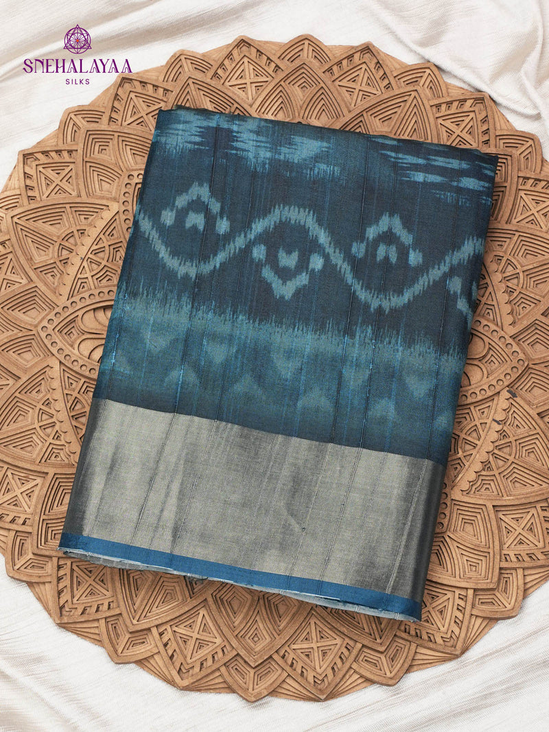 Teal Blue Printed Tussar Saree