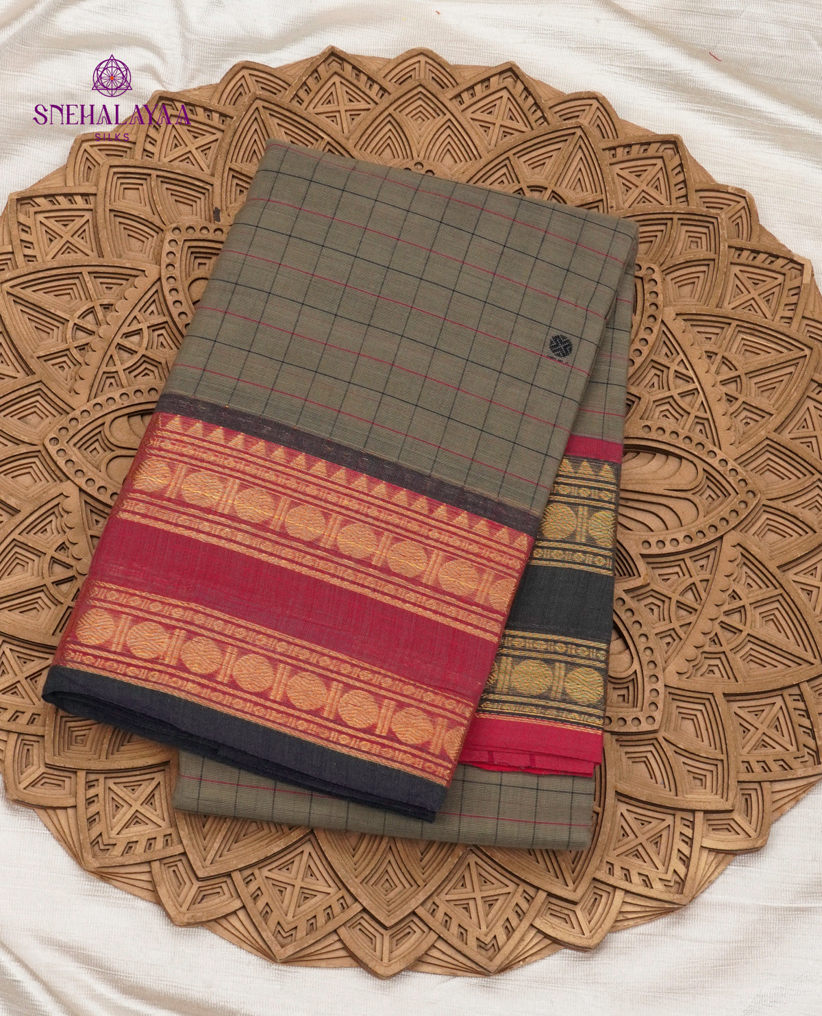 Checked Grey Kanchi Cotton Saree with Traditional Irandu Karai Zari Borders