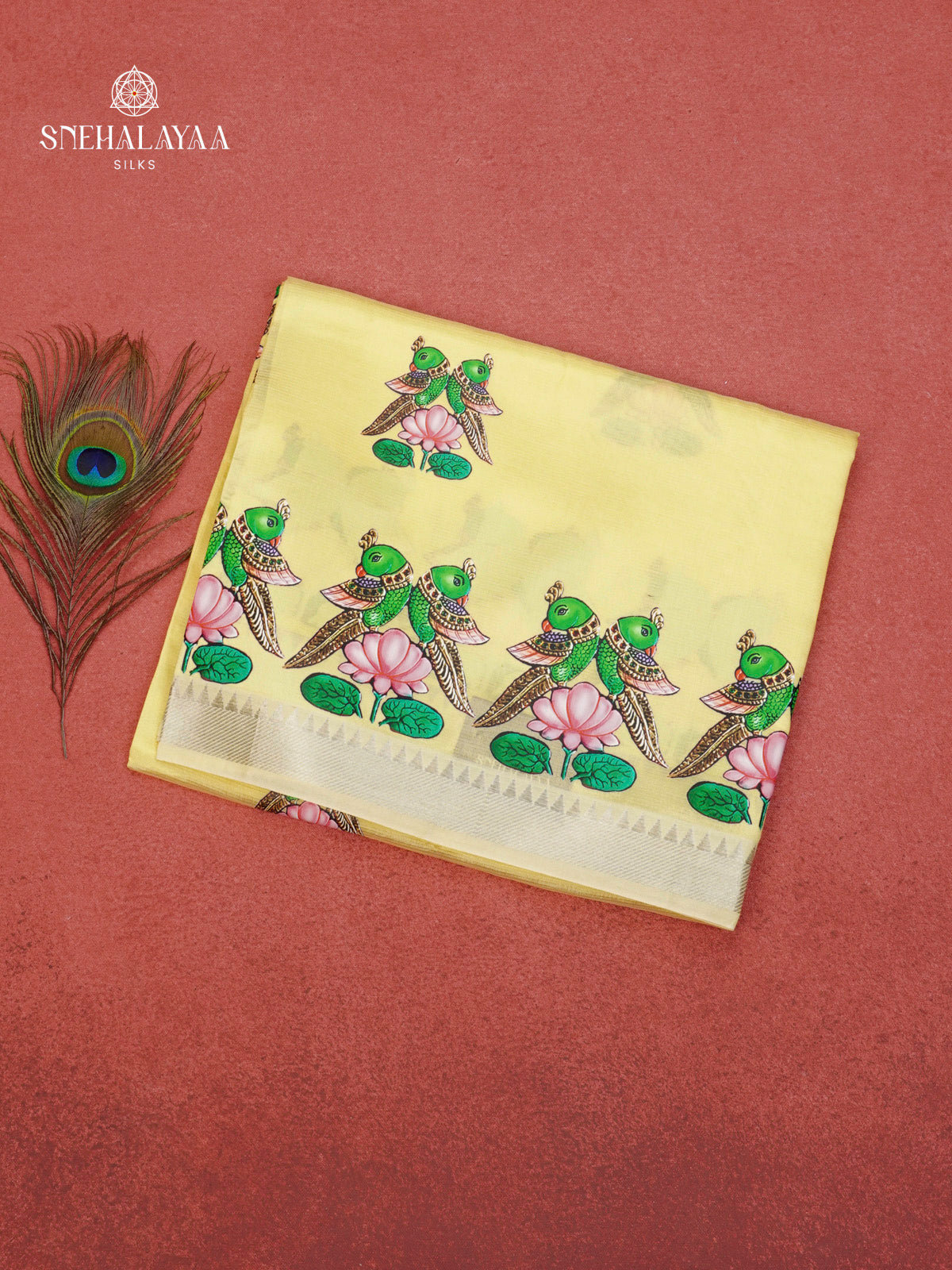 Yellow Mangalagiri Silk Cotton Saree with Tanjore Art Print