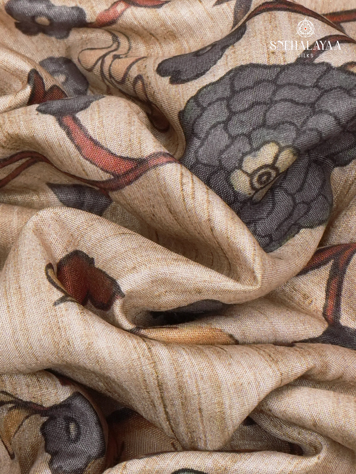 Beige Floral Printed Tussar Saree