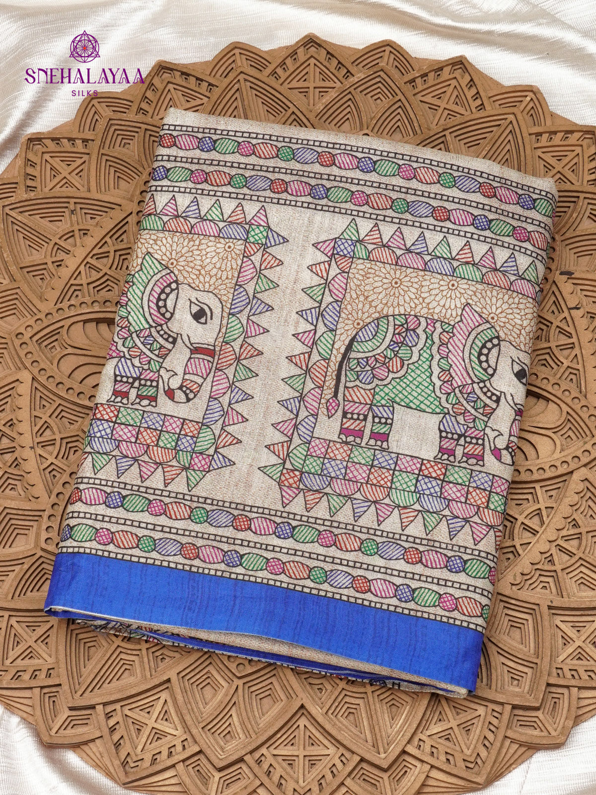 Beige With Navy Blue Border Madhubani Saree