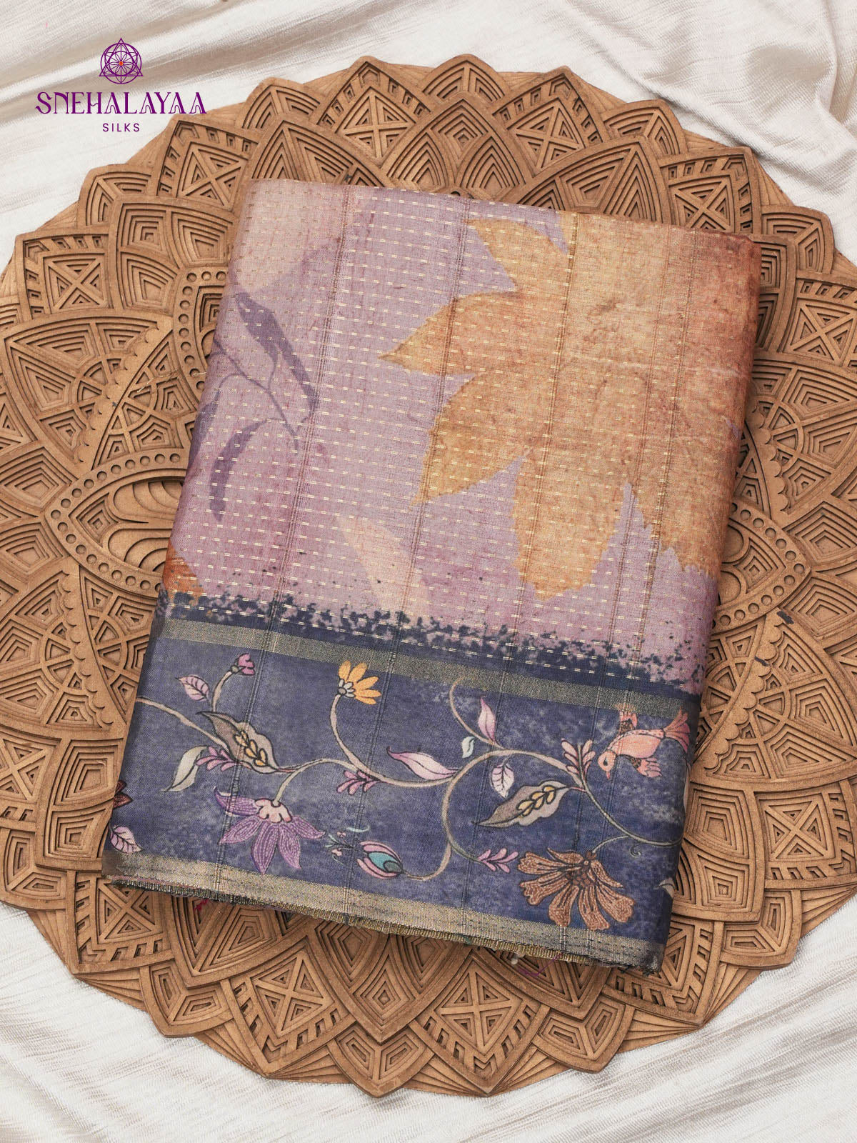 Purple Floral Printed Tussar Saree