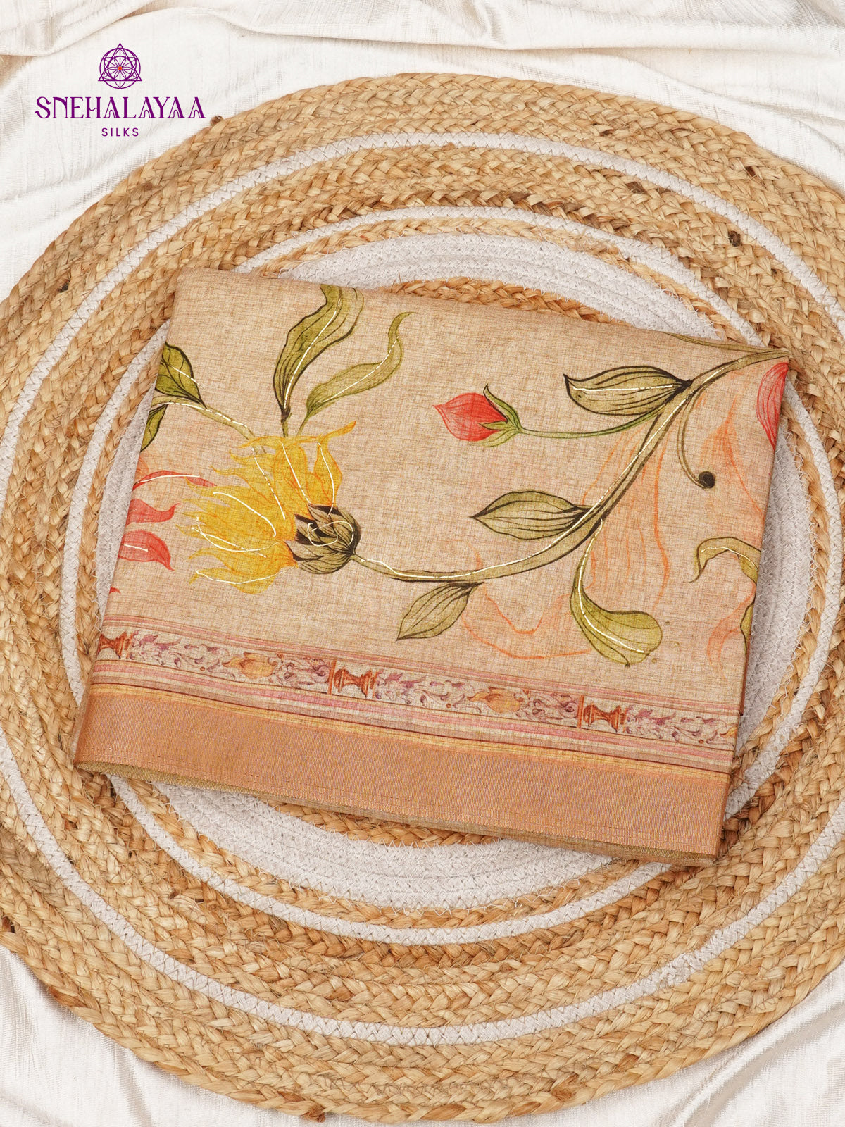 Beige Floral Printed Tussar Saree