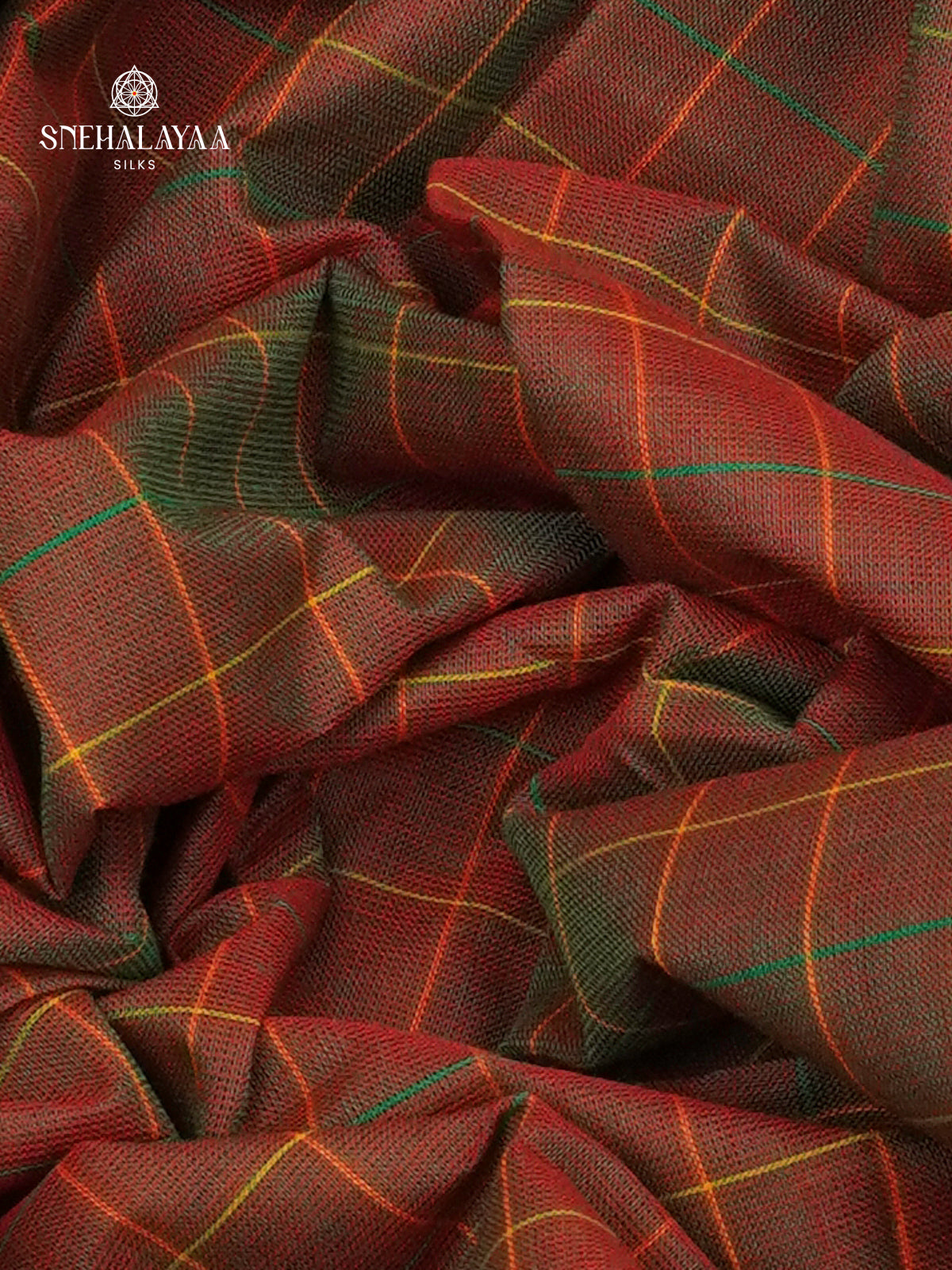 Checked Rust Brown Kanchi Cotton Saree with Irandu Karai Zari Borders