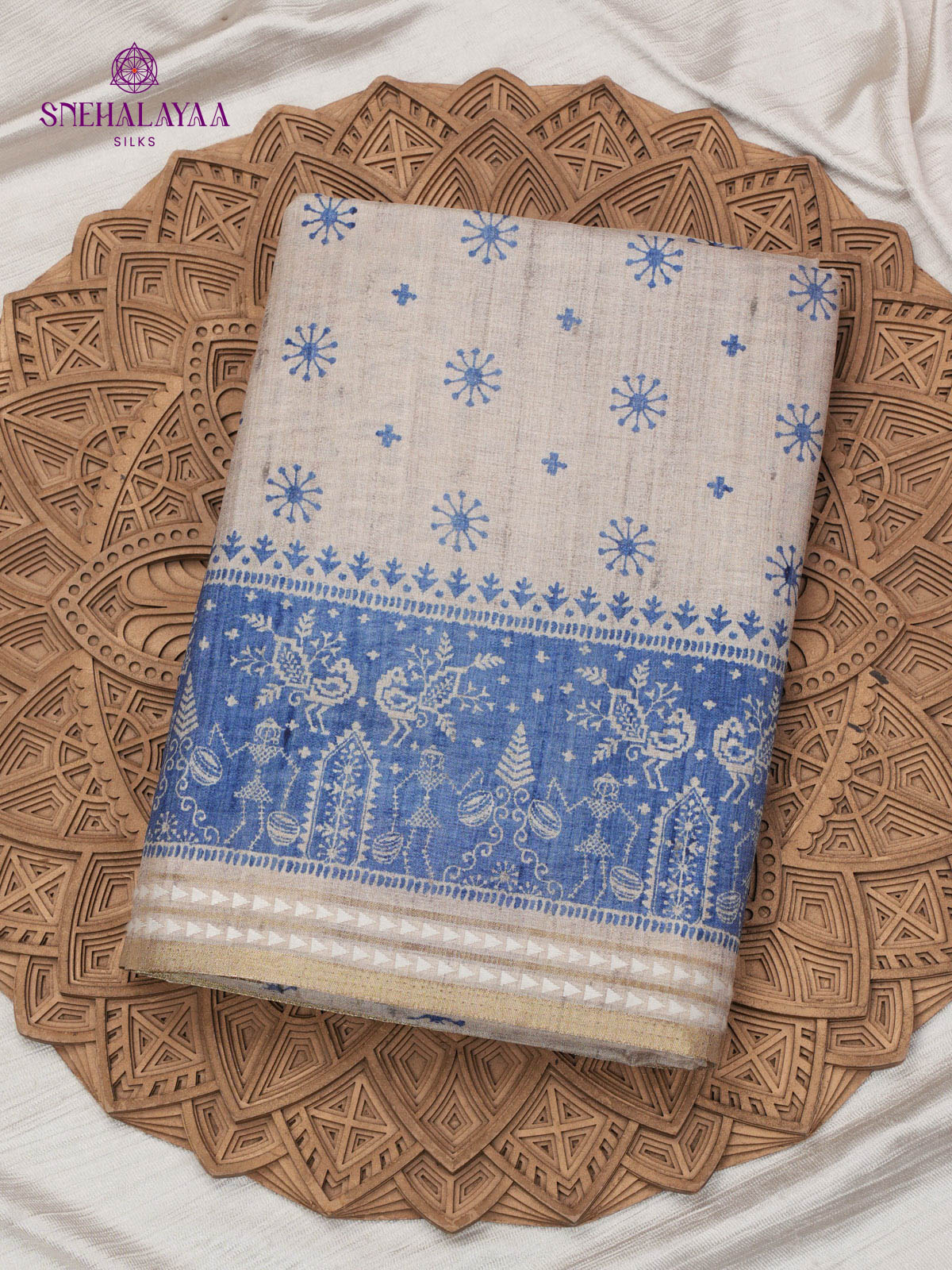 Off White Printed Tussar Saree