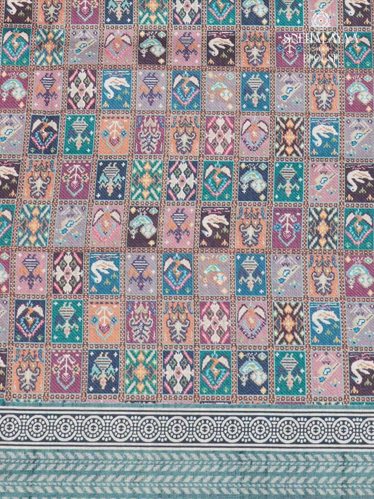 Peacock Blue Floral Printed Tussar Saree