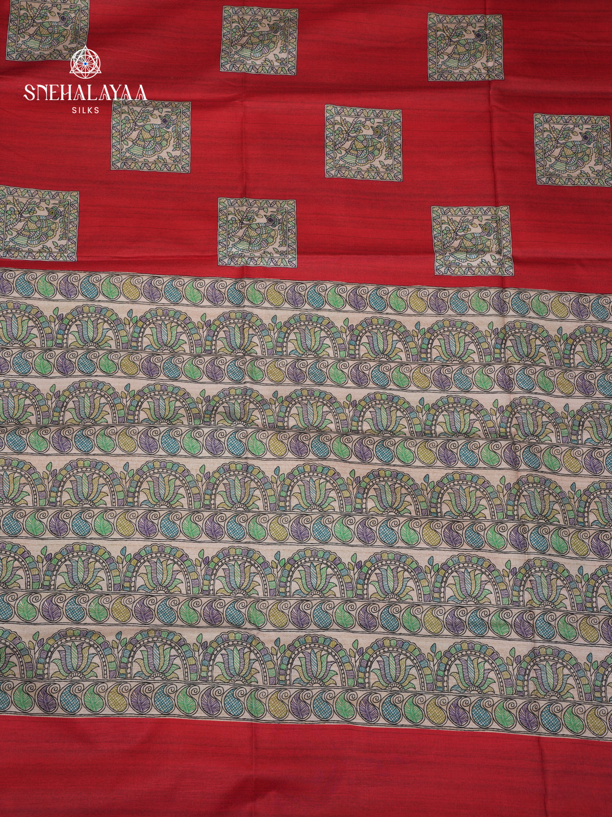 Red Madhubani Printed Saree