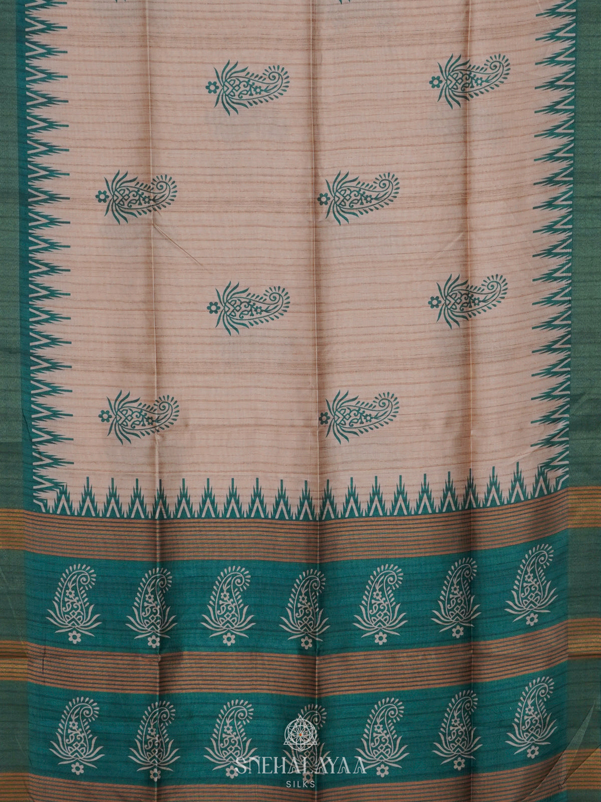 Beige with Peacock Blue Border Tussar Saree