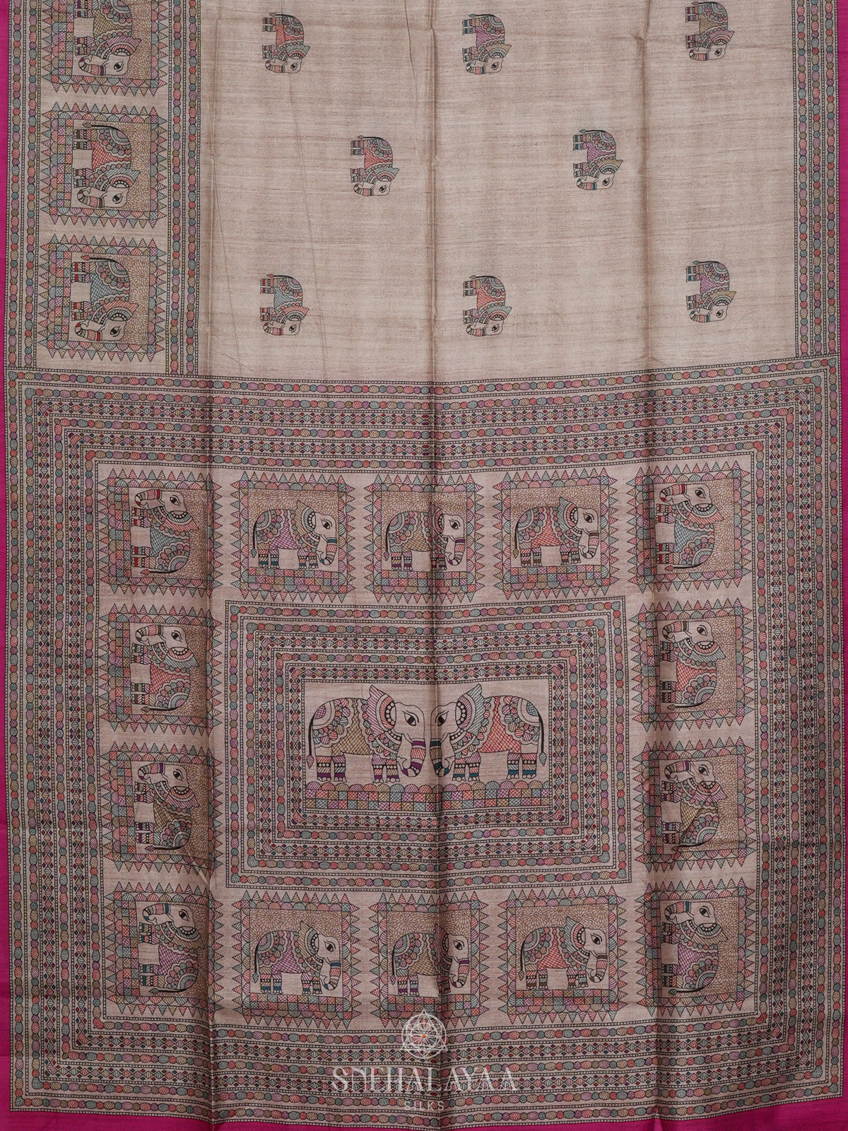 Beige Madhubani Printed Saree with Pink Border