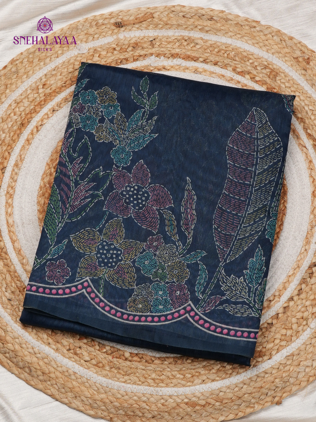 Navy Blue Printed Linen Saree