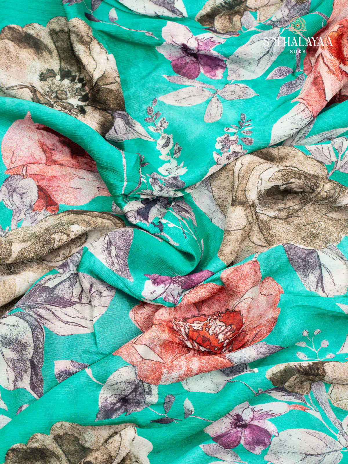 Teal Green Printed Chiffon Saree