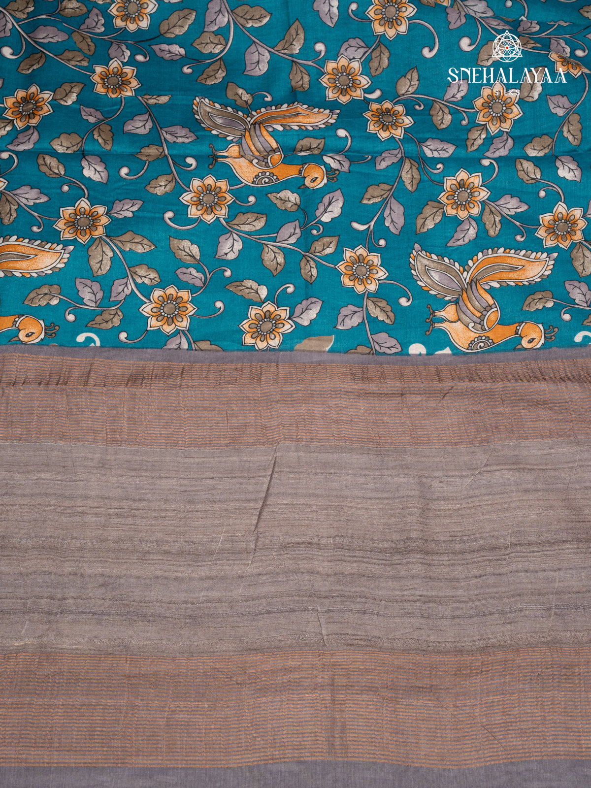 Teal Blue Printed Tussar Saree