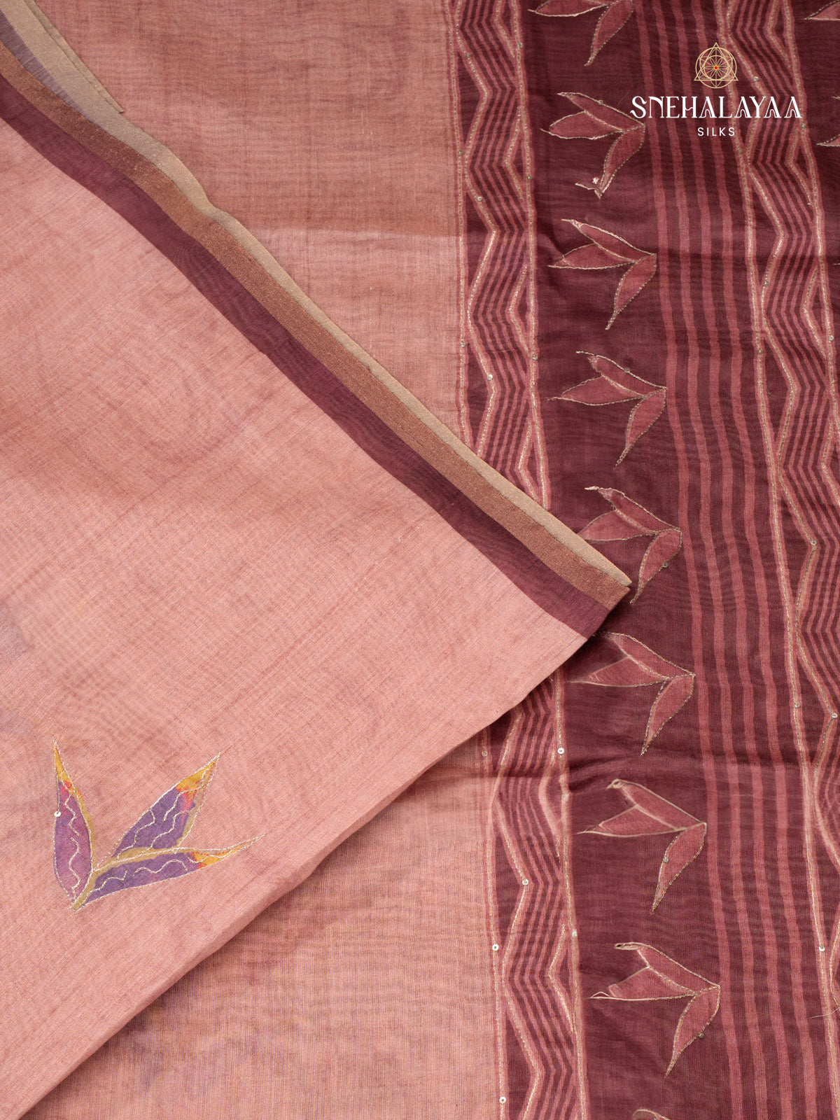 Peach Pink Linen Embroidery Saree