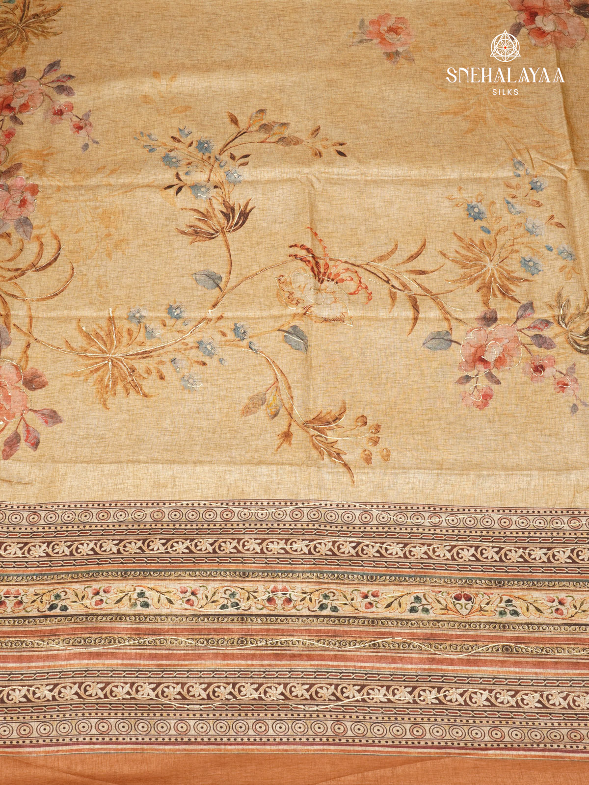 Golden Beige Floral Printed Tussar Saree