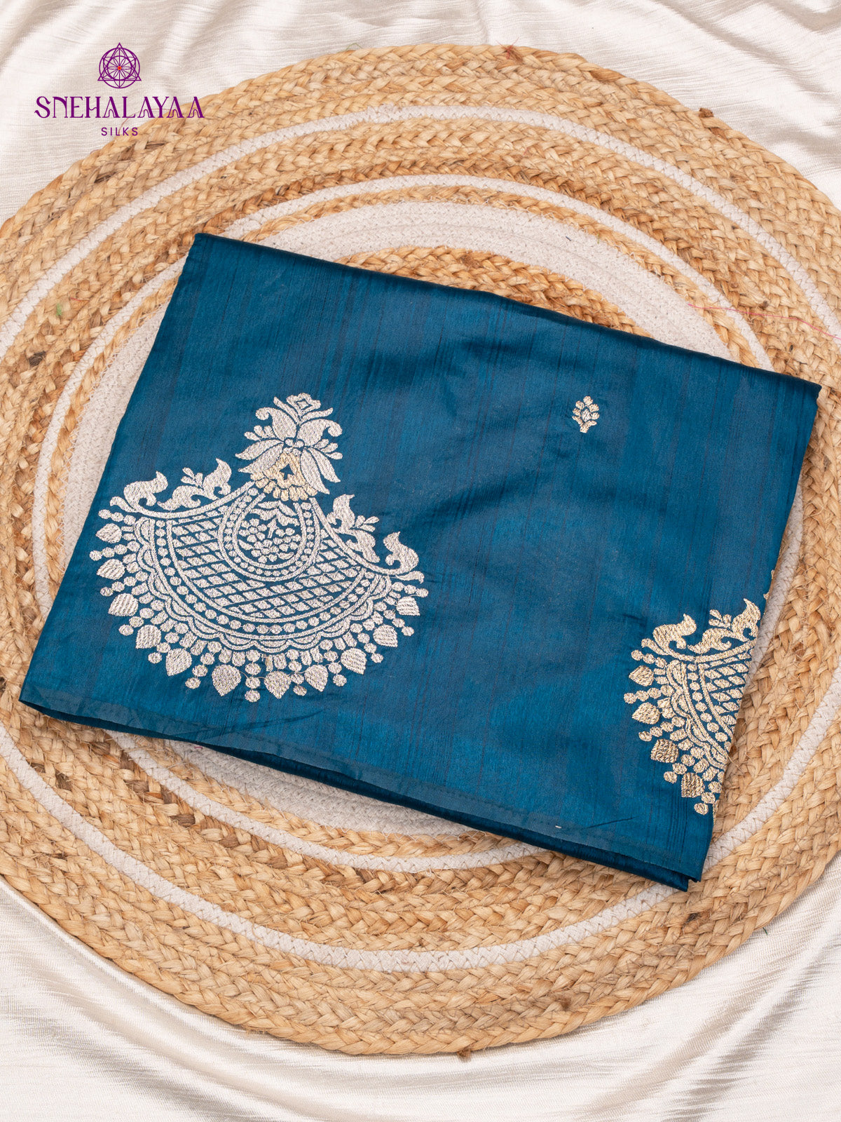 Teal Blue Raw Silk Embroidery Saree