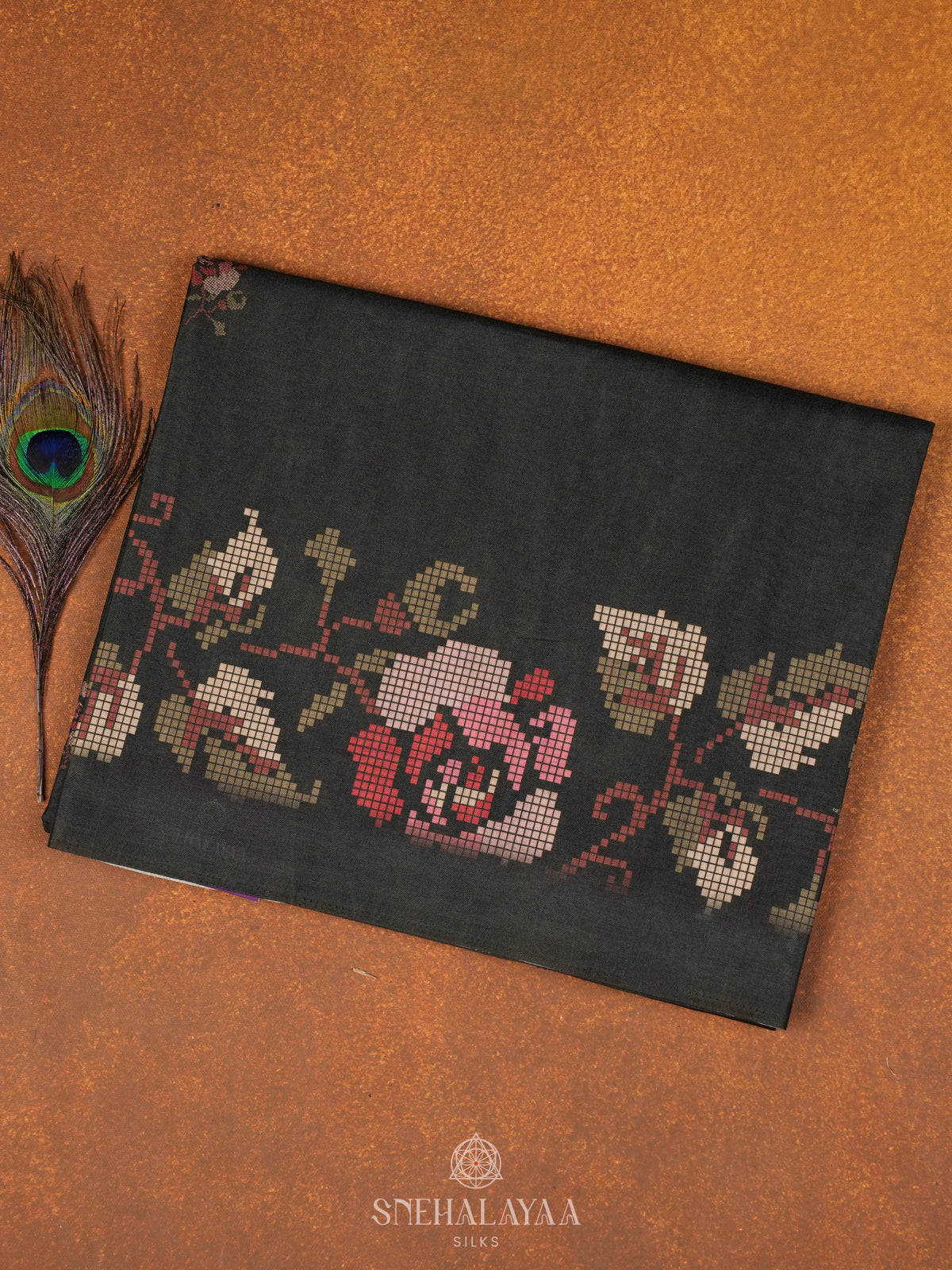 Forest Green Floral Printed Tussar Saree