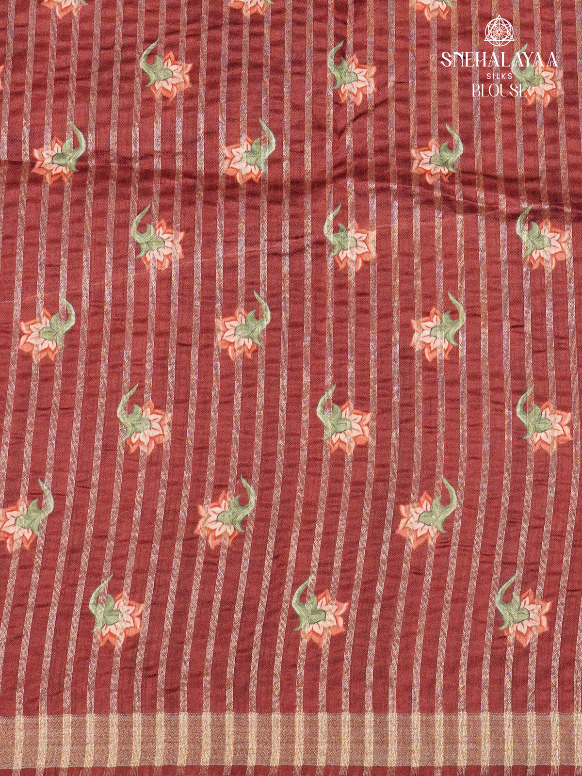 Marron Floral Printed Tussar Saree
