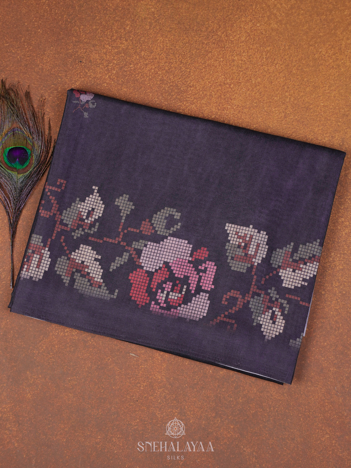 Purple Floral Printed Tussar Saree