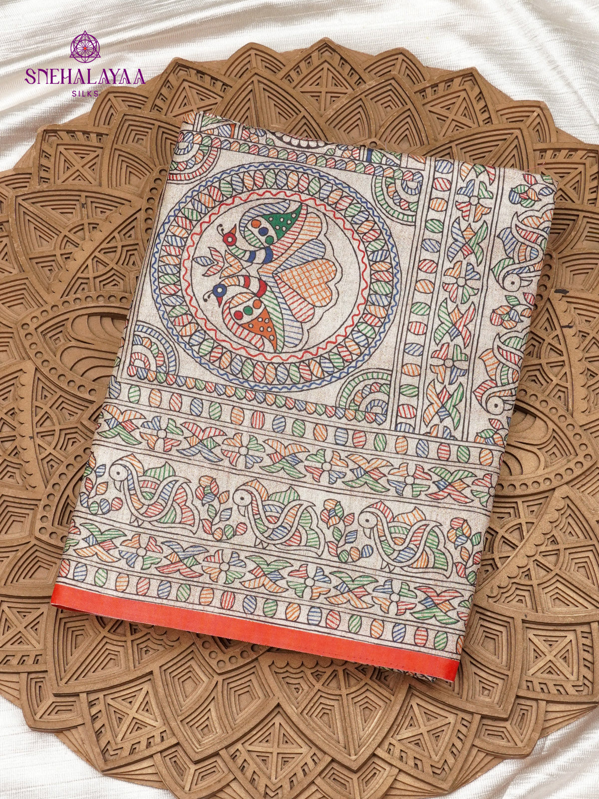 Beige With Red Border Madhubani Saree