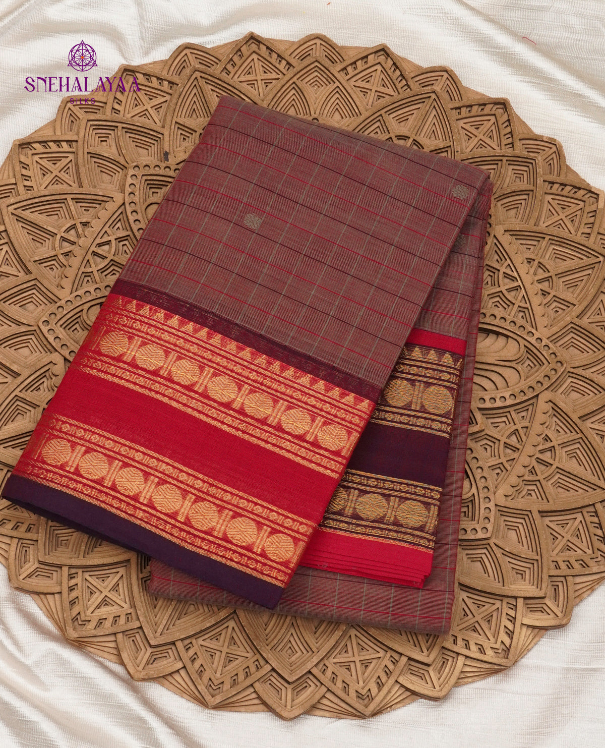 Checked Brown-Maroon Kanchi Cotton Saree with Irandu Karai Zari Borders