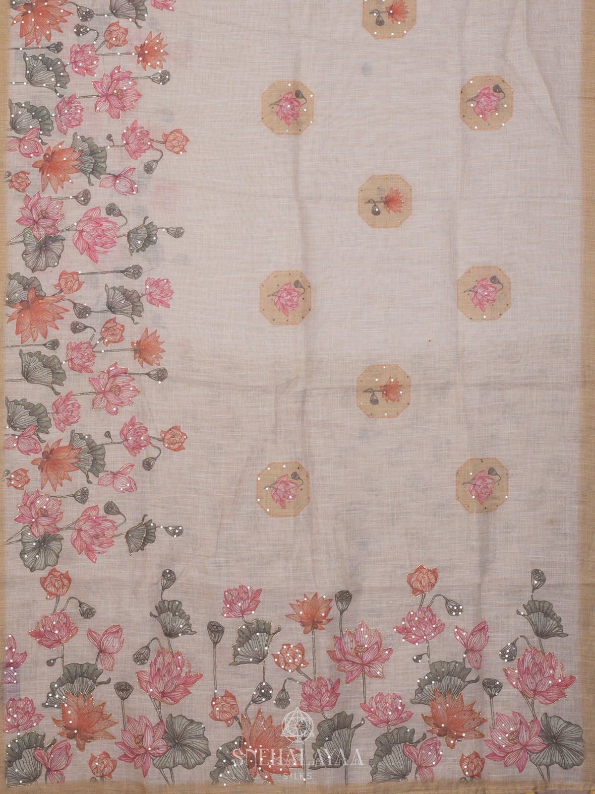 Cream Linen Embroidery Saree