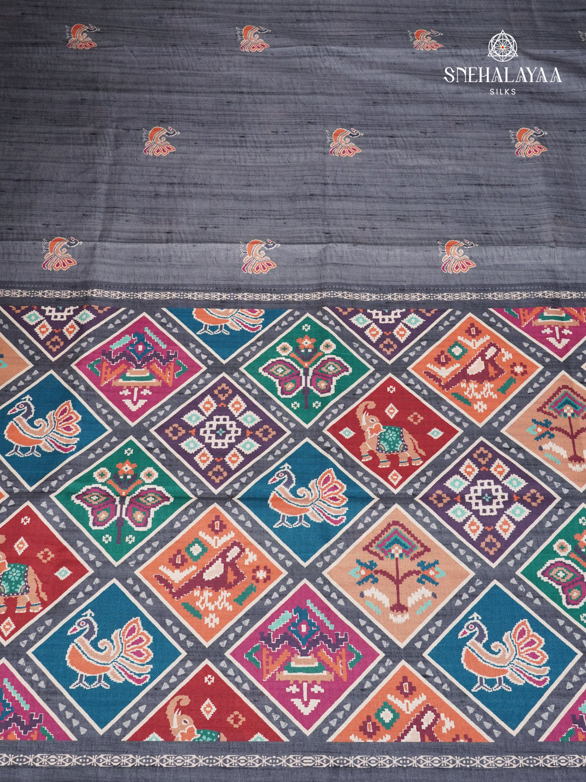 Grey Floral Printed Tussar Saree