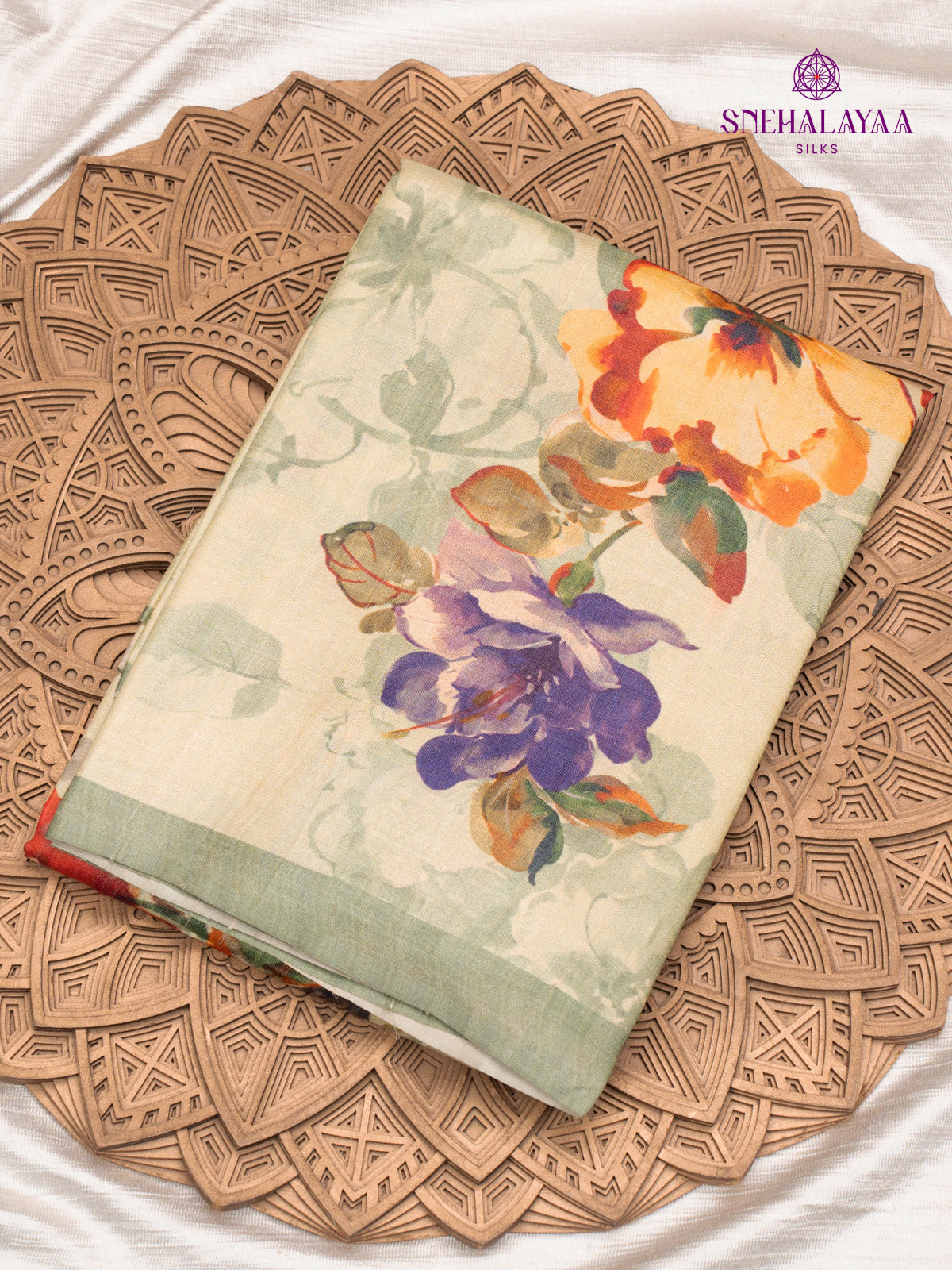 beige Printed Tussar Saree